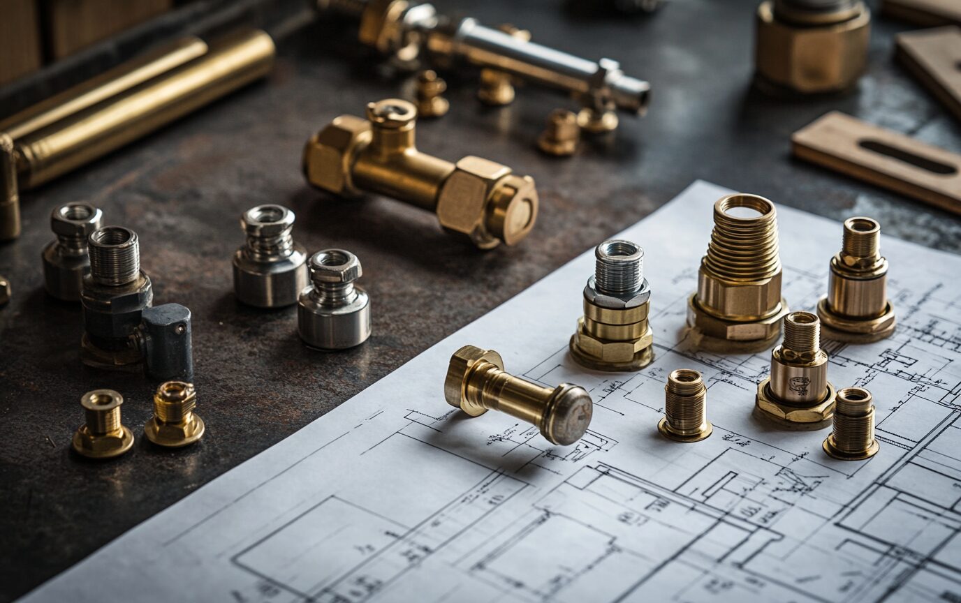 Brass plumbing valves and chrome supply lines.