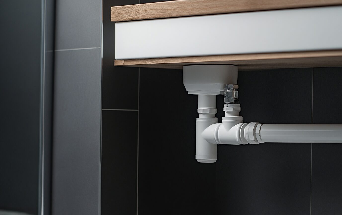 Macerating pump unit installed in a bathroom.