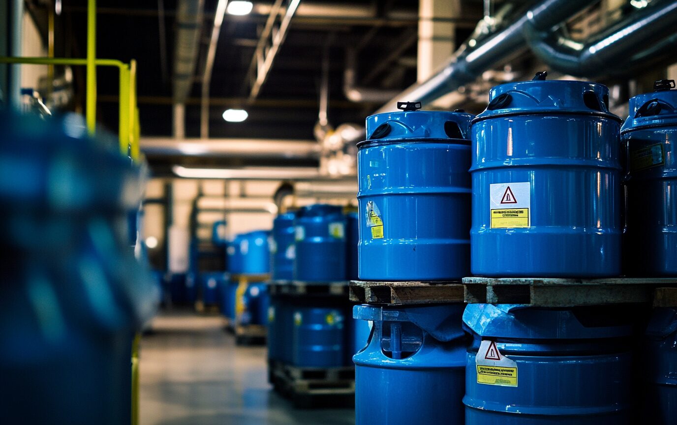 Industrial blue chemical drums and 5-gallon containers.
