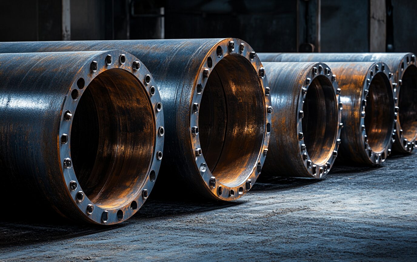 Large diameter steel pipe sections and welded elbows.