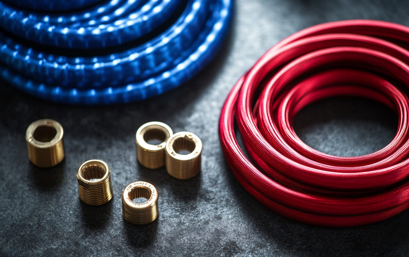 Red and blue PEX tubing coiled next to brass fittings.