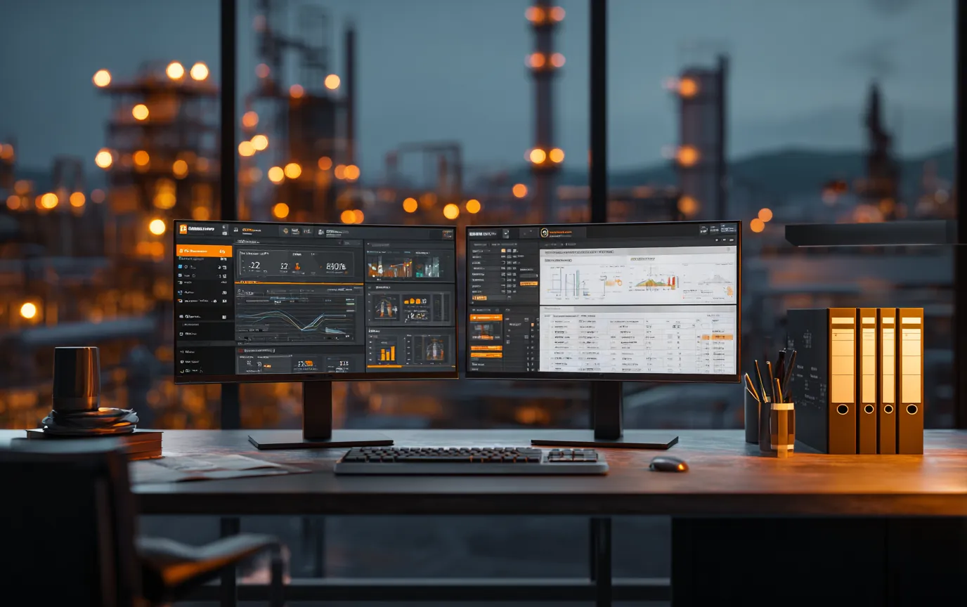 Chemical safety documentation and regulatory binders on an industrial desk.